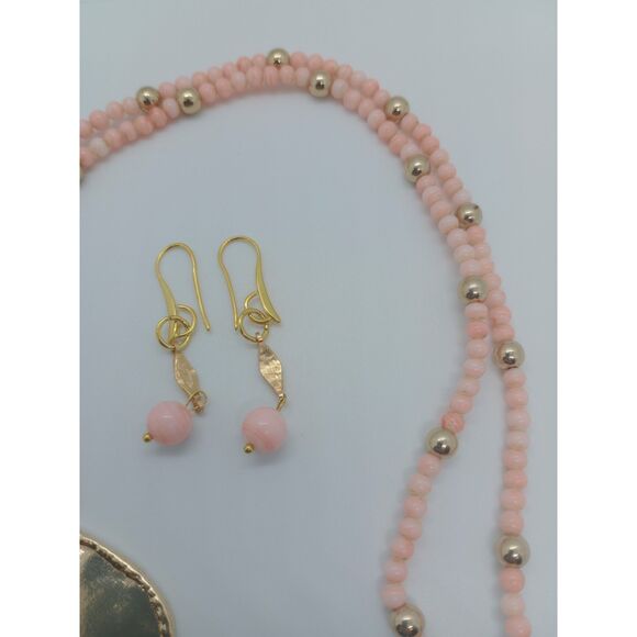 Vintage Marbled Peach Glass Beaded Gold Tone Pendant 23-25" Necklace & Earrings - Picture 5 of 6